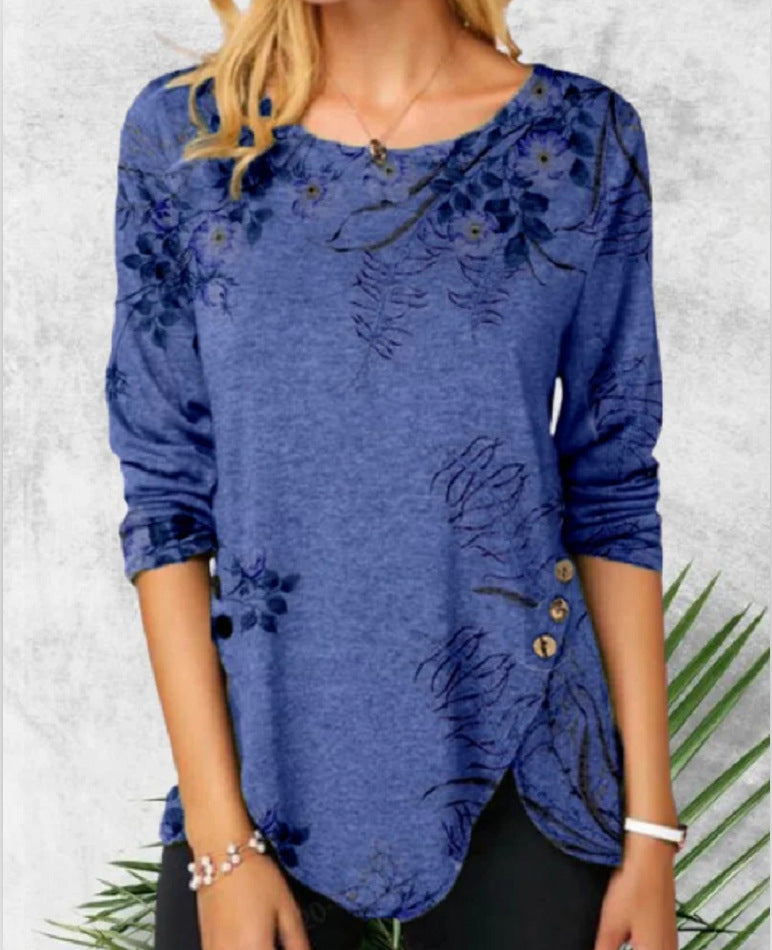 Chemise à col rond imprimée à manches longues pour femmes
