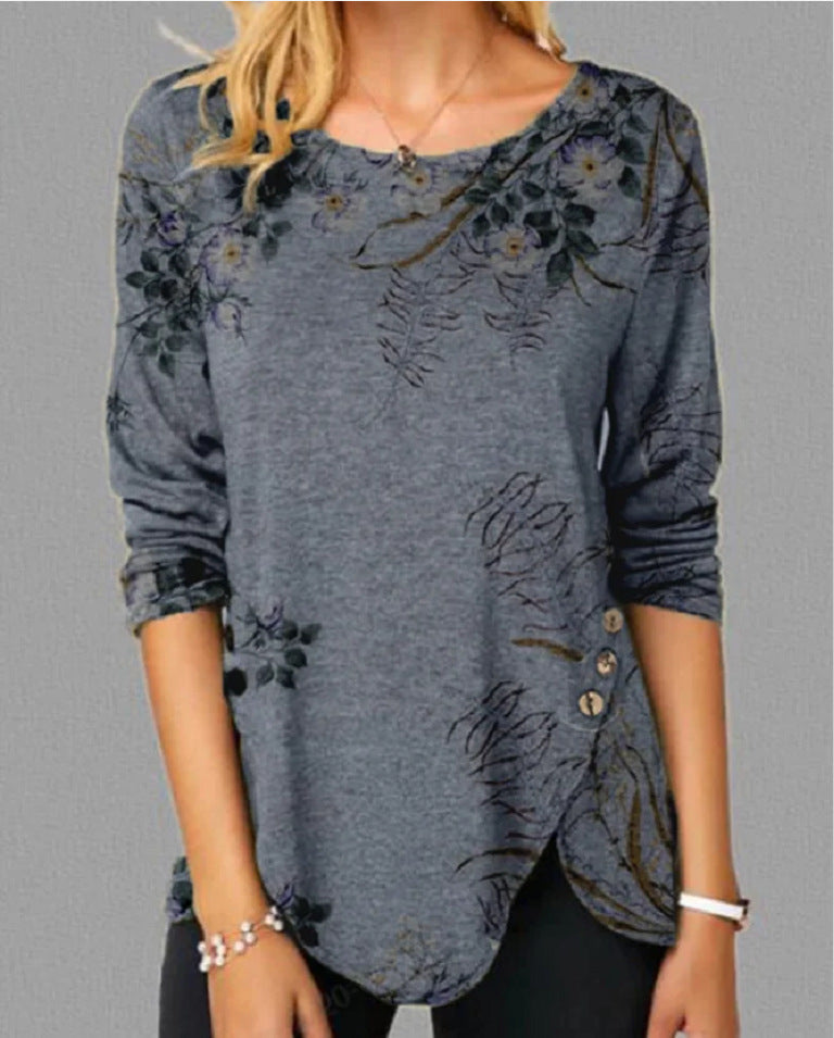 Chemise à col rond imprimée à manches longues pour femmes