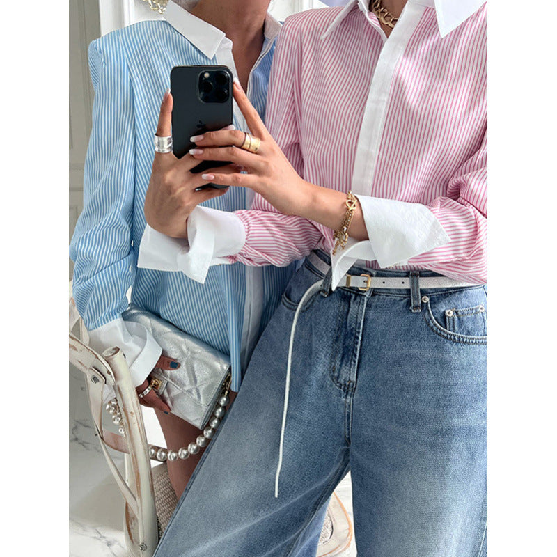 Chemise décontractée imprimée à patchwork pour femmes à manches longues rayées, chemise décontractée à col en V avec manchons froncés laminés