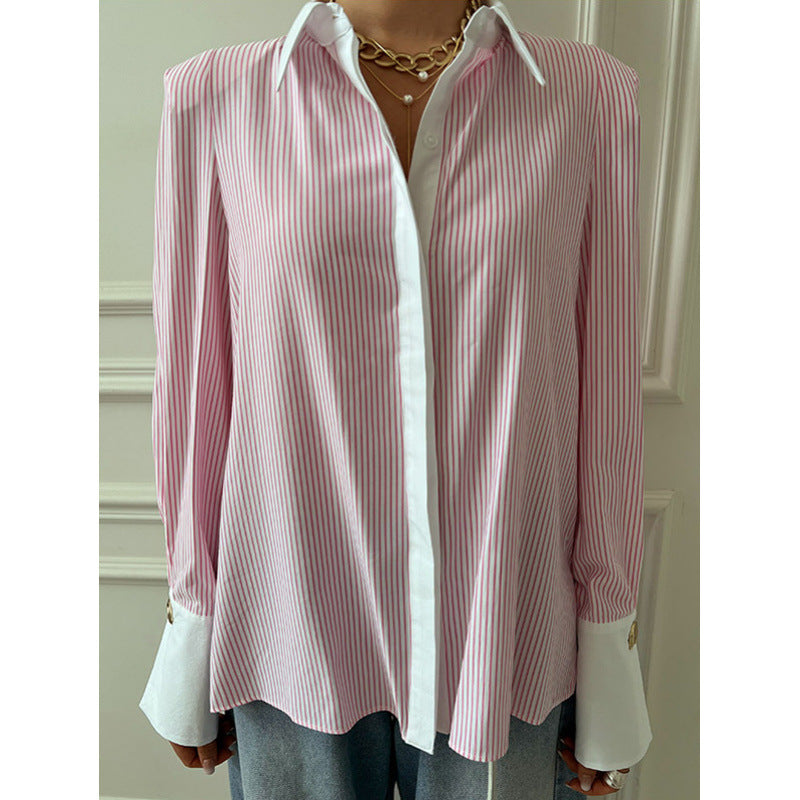 Chemise décontractée imprimée à patchwork pour femmes à manches longues rayées, chemise décontractée à col en V avec manchons froncés laminés