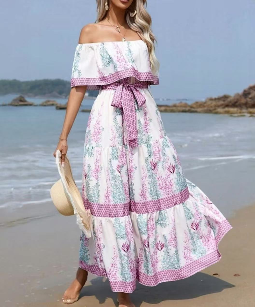 Robe longue à manches découvertes, imprimée, avec ceinture et ourlet large, d'été, européenne et américaine