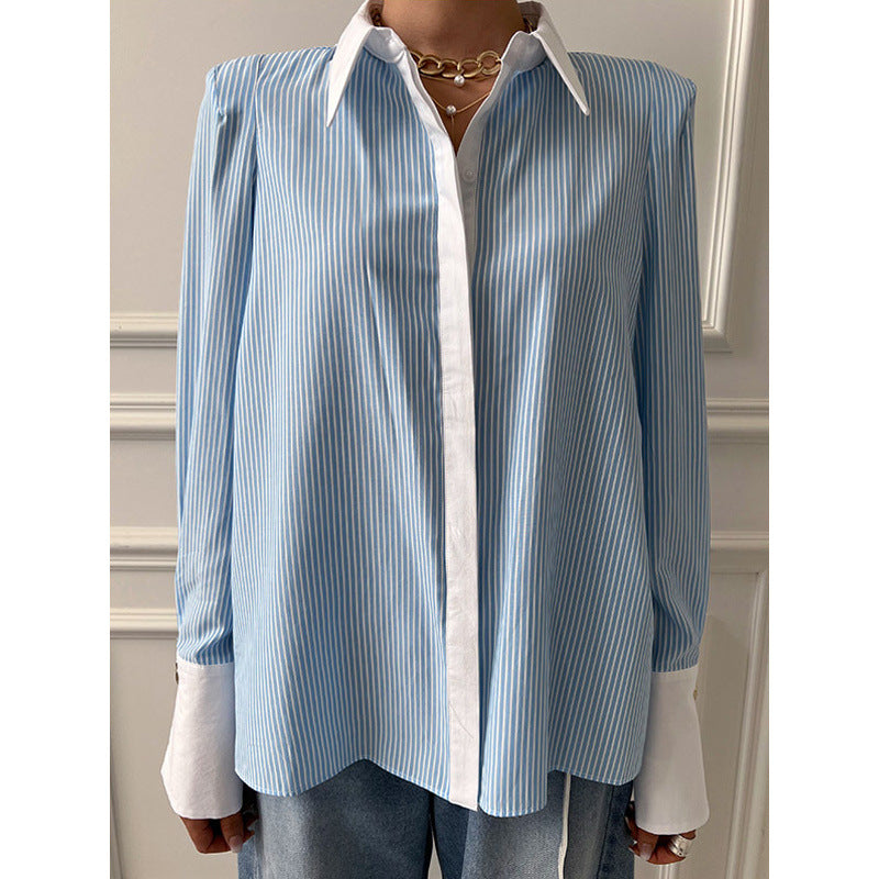 Chemise décontractée imprimée à patchwork pour femmes à manches longues rayées, chemise décontractée à col en V avec manchons froncés laminés