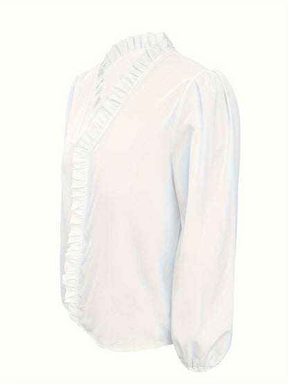 Chemise à manches longues décontractée à col en V avec ourlet à volants de couleur pure.