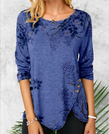 Chemise à col rond imprimée à manches longues pour femmes