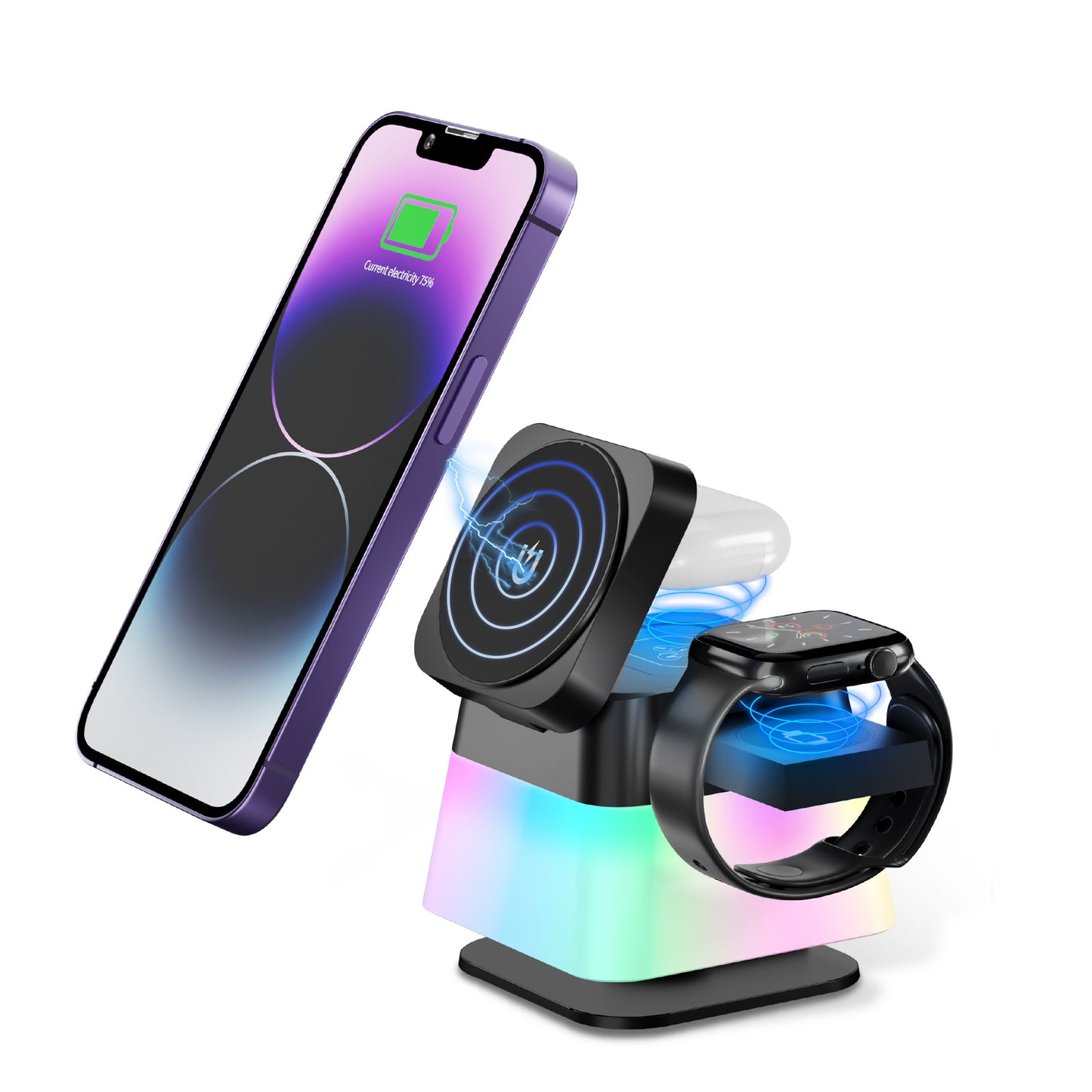 Rotierender 4-in-1 kabelloser Ladehalter mit farbigem Licht für Telefon 15 14 13 12 Pro Max 8 7, magnetische Schnellladestation