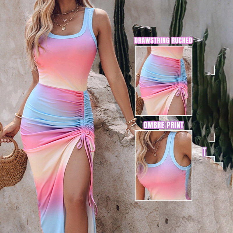 Robe débardeur moulante à volants pour femmes, été sexy, sans manches, avec fente latérale et cordon de serrage