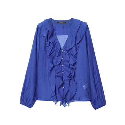 Chemise décontractée à manches longues à volant laminé en V