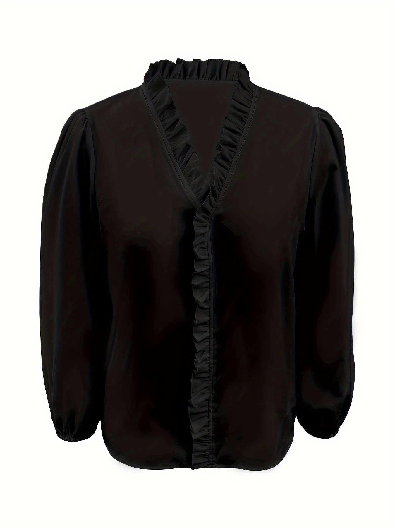 Chemise à manches longues décontractée à col en V avec ourlet à volants de couleur pure.