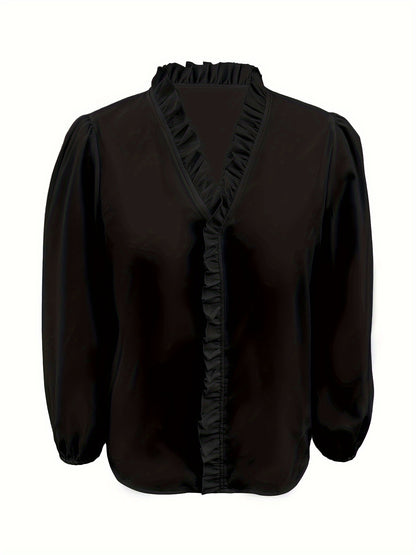 Chemise à manches longues décontractée à col en V avec ourlet à volants de couleur pure.