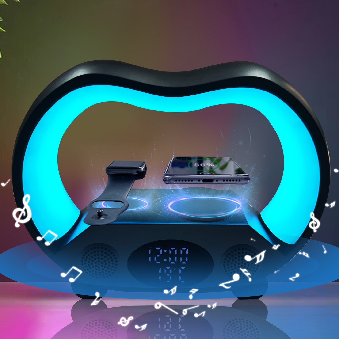 2024 Nouveau Lampe de Table LED Intelligente Ambiance 6 en 1 avec Télécommande Bluetooth Compatible, Chargeur sans fil Multifuntion, Lumière de Nuit, Haut-parleur Bluetooth Compatible