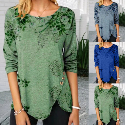 Chemise à col rond imprimée à manches longues pour femmes