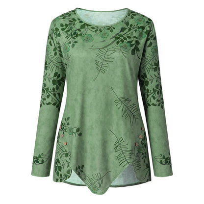 Chemise à col rond imprimée à manches longues pour femmes