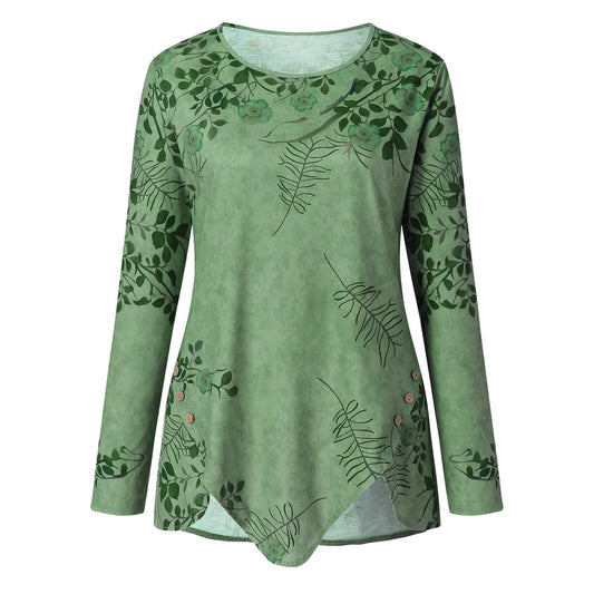 Chemise à col rond imprimée à manches longues pour femmes