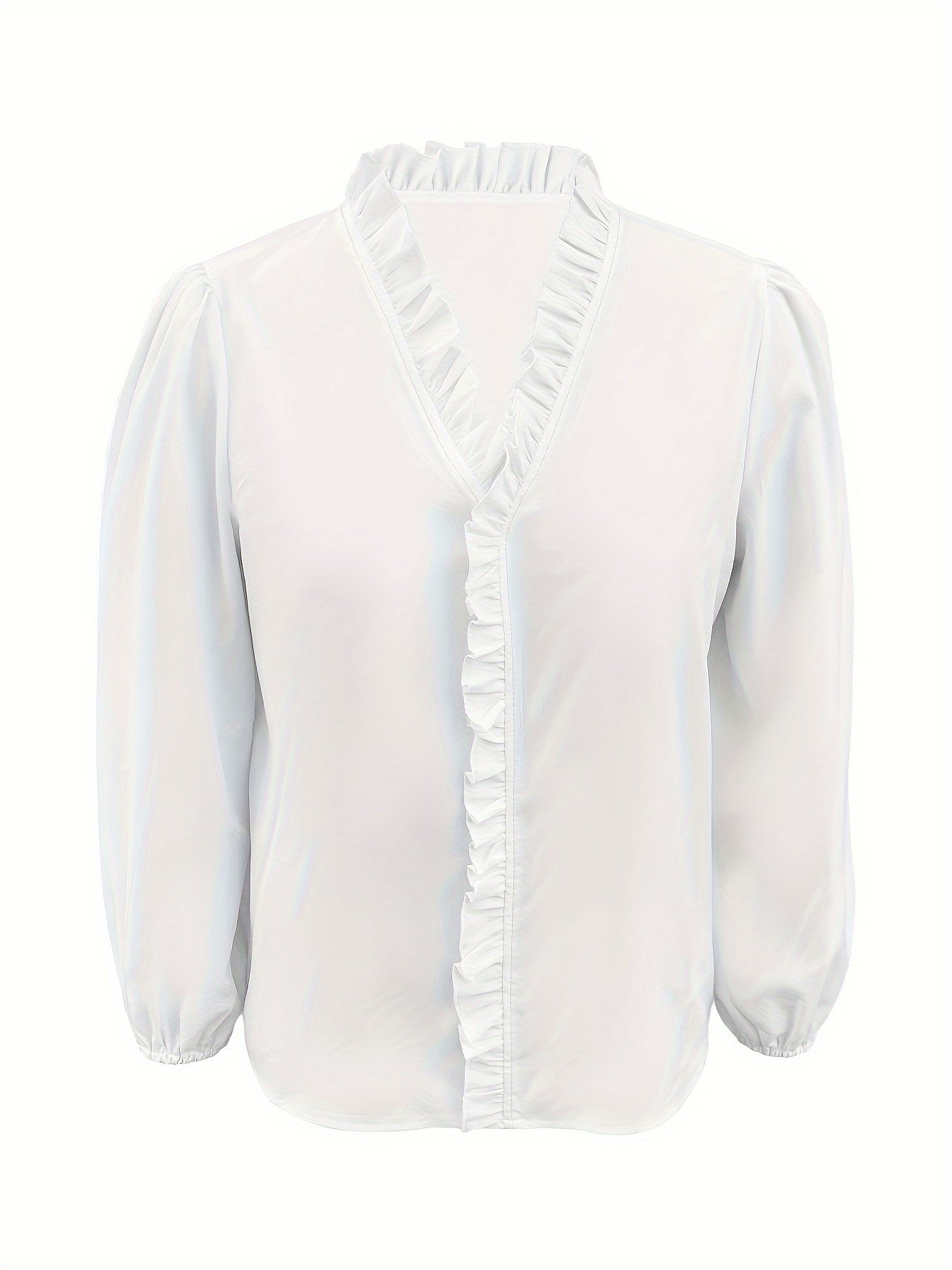 Chemise à manches longues décontractée à col en V avec ourlet à volants de couleur pure.