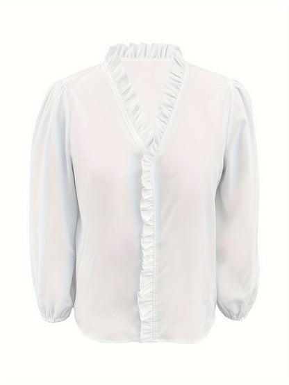 Chemise à manches longues décontractée à col en V avec ourlet à volants de couleur pure.