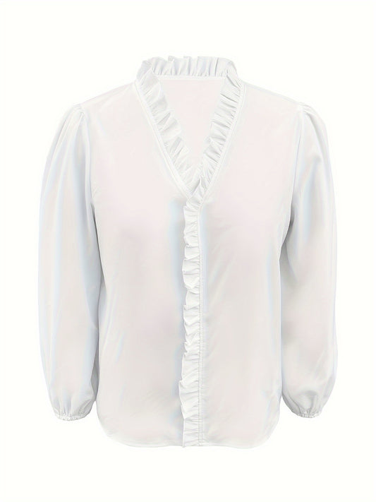 Chemise à manches longues décontractée à col en V avec ourlet à volants de couleur pure.