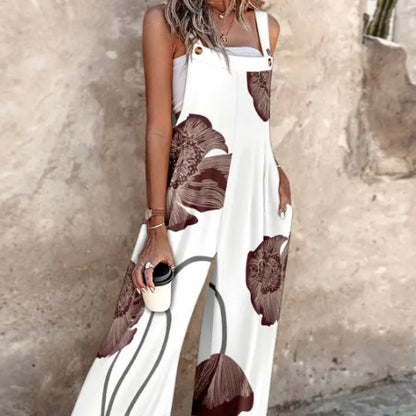 Combi-pantalon à bretelles ajustables avec imprimé floral et design à poches, jambe large