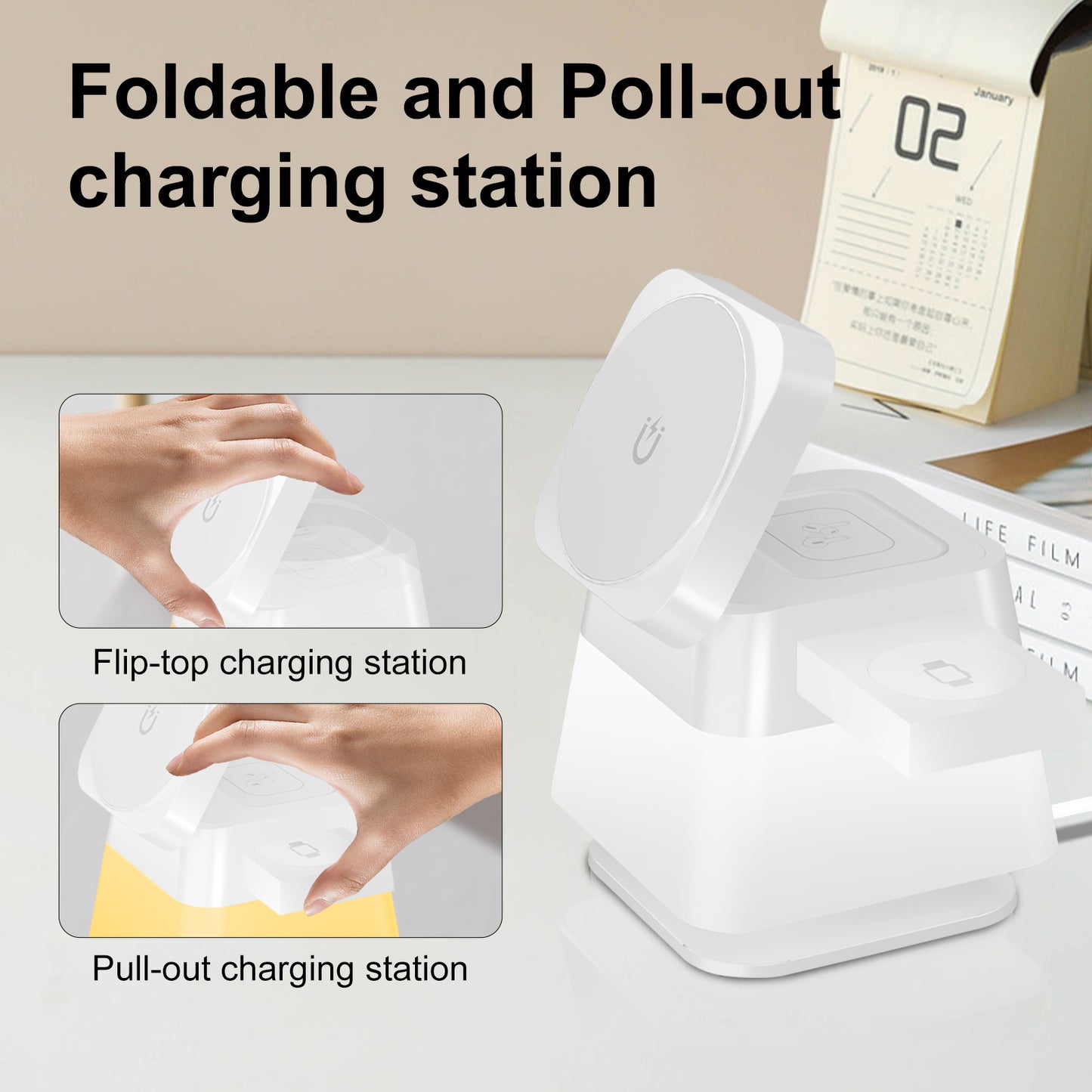 Rotierender 4-in-1 kabelloser Ladehalter mit farbigem Licht für Telefon 15 14 13 12 Pro Max 8 7, magnetische Schnellladestation