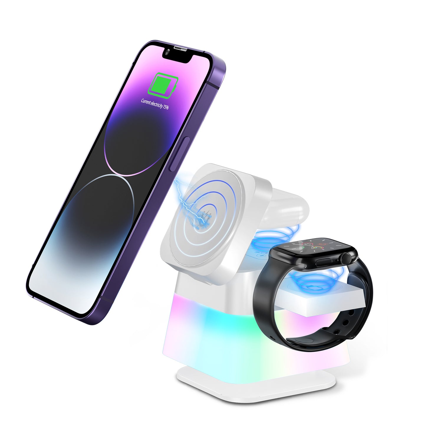 Rotierender 4-in-1 kabelloser Ladehalter mit farbigem Licht für Telefon 15 14 13 12 Pro Max 8 7, magnetische Schnellladestation
