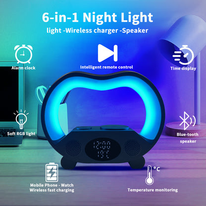 2024 Nouveau Lampe de Table LED Intelligente Ambiance 6 en 1 avec Télécommande Bluetooth Compatible, Chargeur sans fil Multifuntion, Lumière de Nuit, Haut-parleur Bluetooth Compatible