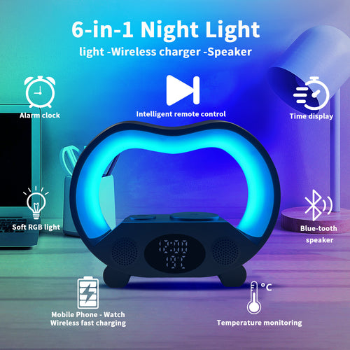 2024 Nouveau Lampe de Table LED Intelligente Ambiance 6 en 1 avec Télécommande Bluetooth Compatible, Chargeur sans fil Multifuntion, Lumière de Nuit, Haut-parleur Bluetooth Compatible