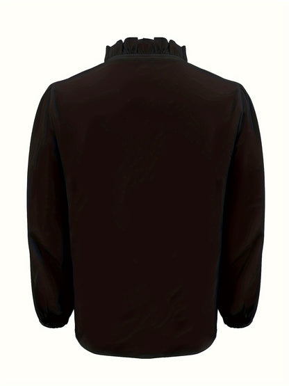 Chemise à manches longues décontractée à col en V avec ourlet à volants de couleur pure.
