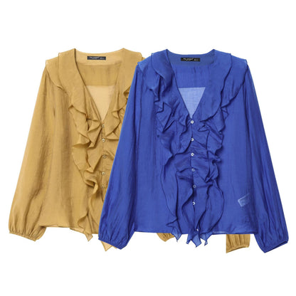 Chemise décontractée à manches longues à volant laminé en V
