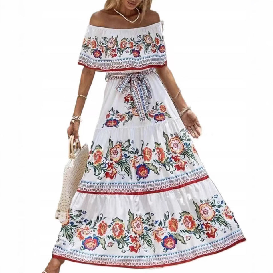 Robe longue à manches découvertes, imprimée, avec ceinture et ourlet large, d'été, européenne et américaine