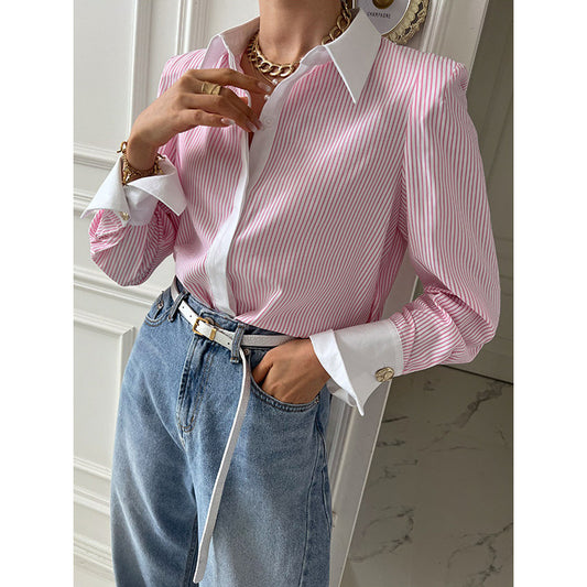 Chemise décontractée imprimée à patchwork pour femmes à manches longues rayées, chemise décontractée à col en V avec manchons froncés laminés