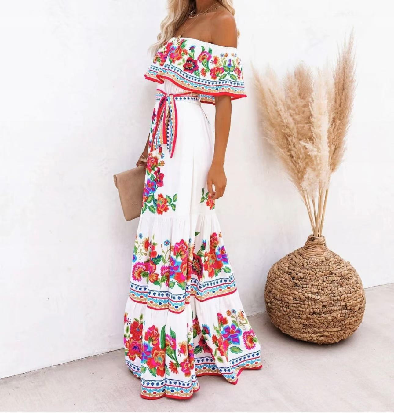 Robe longue à manches découvertes, imprimée, avec ceinture et ourlet large, d'été, européenne et américaine