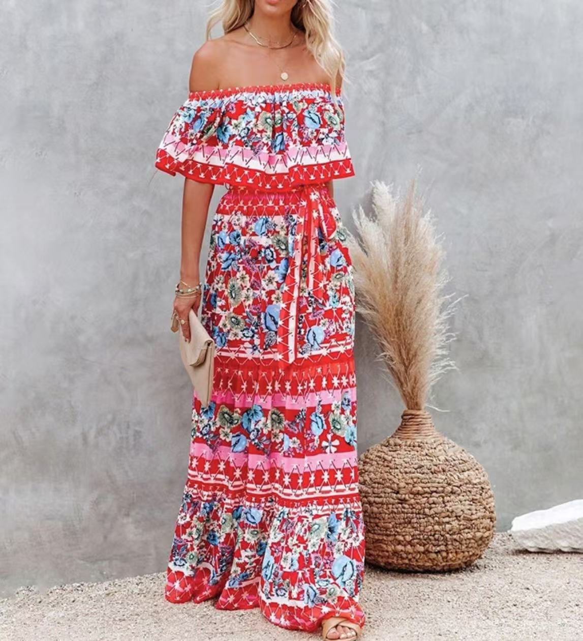 Robe longue à manches découvertes, imprimée, avec ceinture et ourlet large, d'été, européenne et américaine