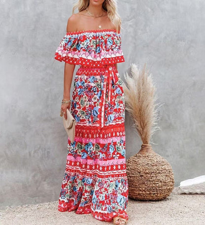 Robe longue à manches découvertes, imprimée, avec ceinture et ourlet large, d'été, européenne et américaine