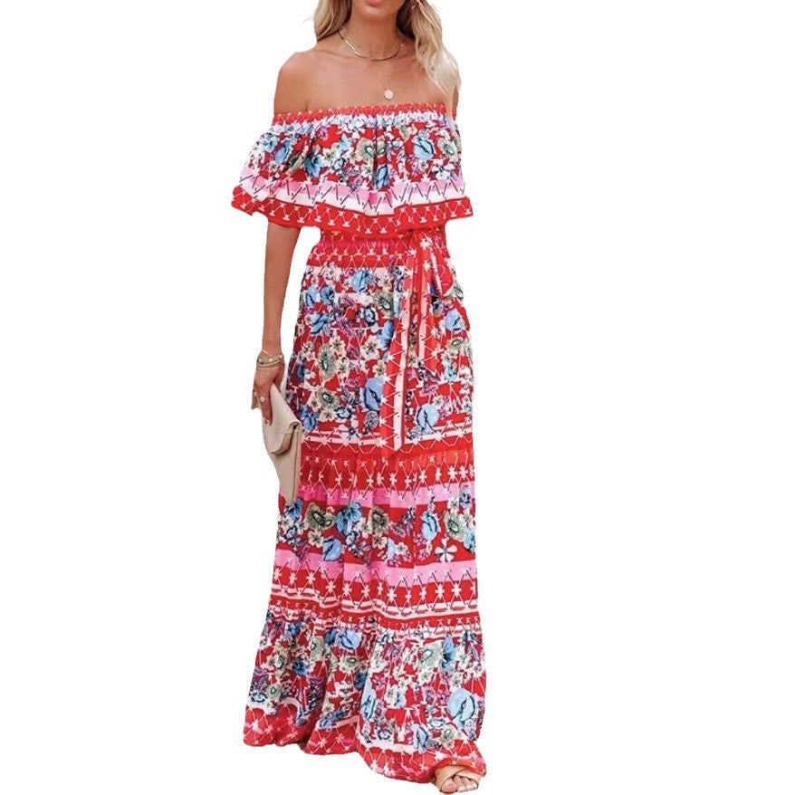 Robe longue à manches découvertes, imprimée, avec ceinture et ourlet large, d'été, européenne et américaine