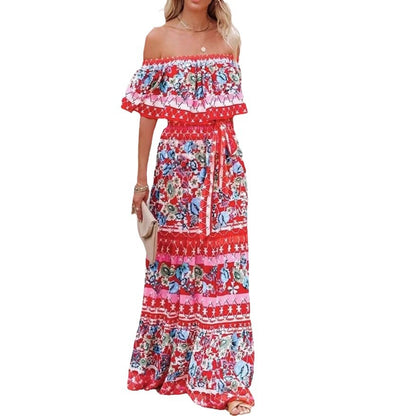 Robe longue à manches découvertes, imprimée, avec ceinture et ourlet large, d'été, européenne et américaine