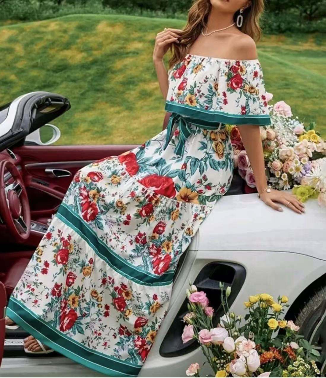 Robe longue à manches découvertes, imprimée, avec ceinture et ourlet large, d'été, européenne et américaine