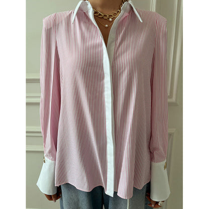 Chemise décontractée imprimée à patchwork pour femmes à manches longues rayées, chemise décontractée à col en V avec manchons froncés laminés