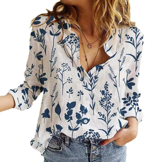 Chemise à col revers à manches longues en impression numérique 3D pour femmes