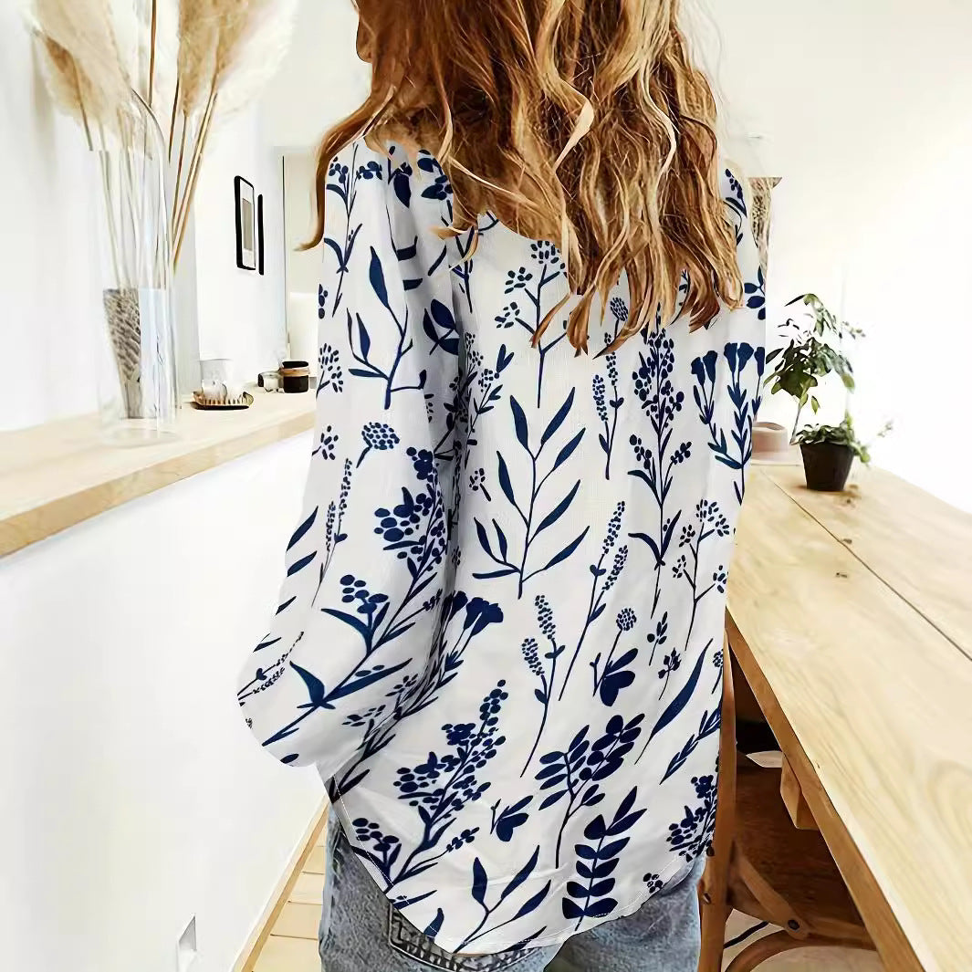 Chemise à col revers à manches longues en impression numérique 3D pour femmes