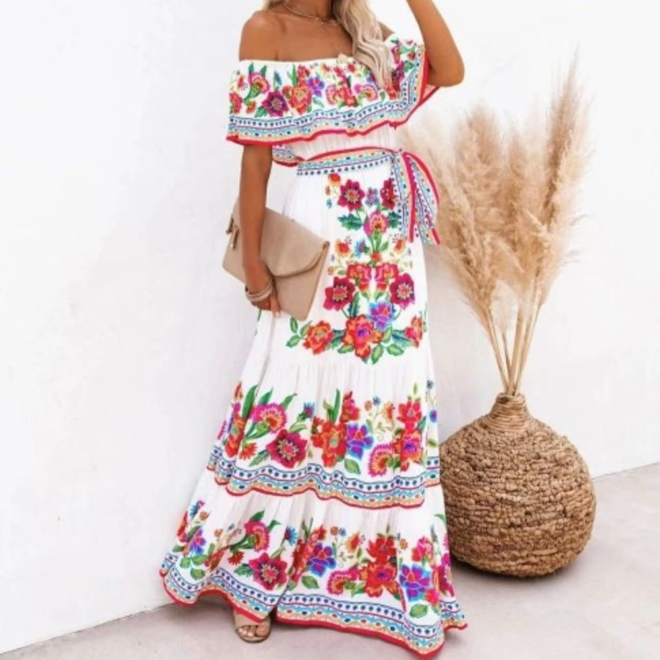 Robe longue à manches découvertes, imprimée, avec ceinture et ourlet large, d'été, européenne et américaine