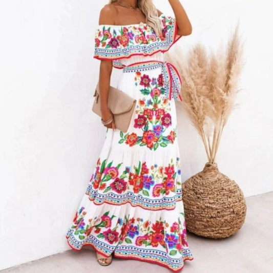 Robe longue à manches découvertes, imprimée, avec ceinture et ourlet large, d'été, européenne et américaine