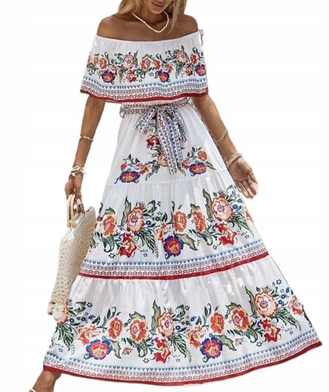 Robe longue à manches découvertes, imprimée, avec ceinture et ourlet large, d'été, européenne et américaine