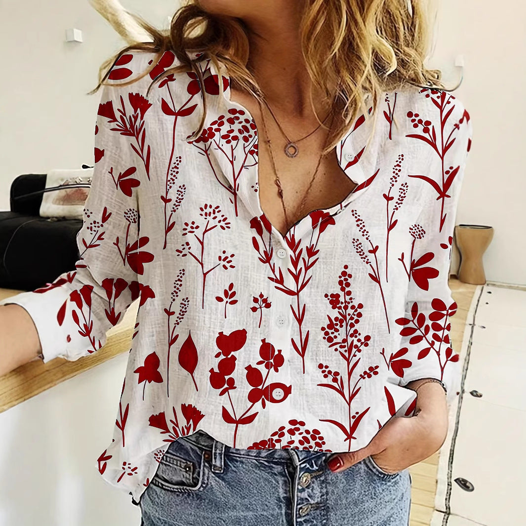 Chemise à col revers à manches longues en impression numérique 3D pour femmes