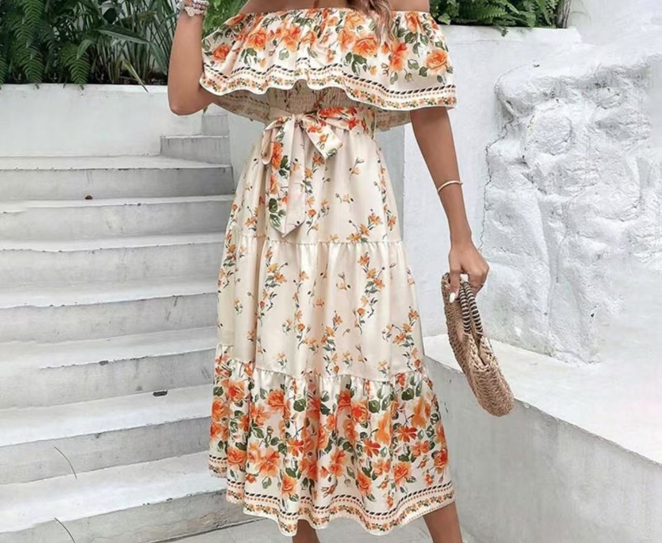 Robe longue à manches découvertes, imprimée, avec ceinture et ourlet large, d'été, européenne et américaine