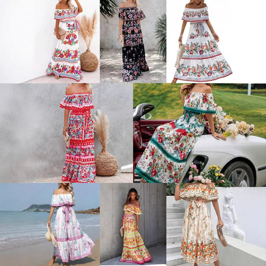 Robe longue à manches découvertes, imprimée, avec ceinture et ourlet large, d'été, européenne et américaine