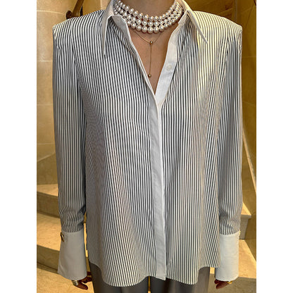 Chemise décontractée imprimée à patchwork pour femmes à manches longues rayées, chemise décontractée à col en V avec manchons froncés laminés