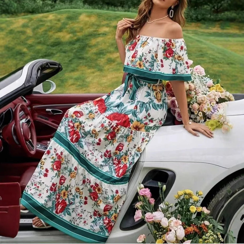 Robe longue à manches découvertes, imprimée, avec ceinture et ourlet large, d'été, européenne et américaine