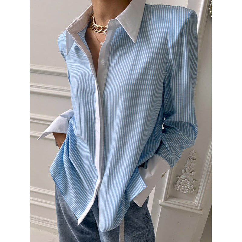 Chemise décontractée imprimée à patchwork pour femmes à manches longues rayées, chemise décontractée à col en V avec manchons froncés laminés