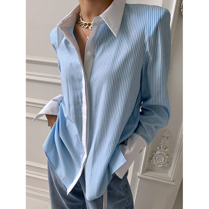 Chemise décontractée imprimée à patchwork pour femmes à manches longues rayées, chemise décontractée à col en V avec manchons froncés laminés