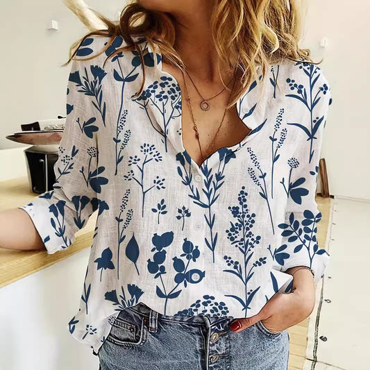 Chemise à col revers à manches longues en impression numérique 3D pour femmes