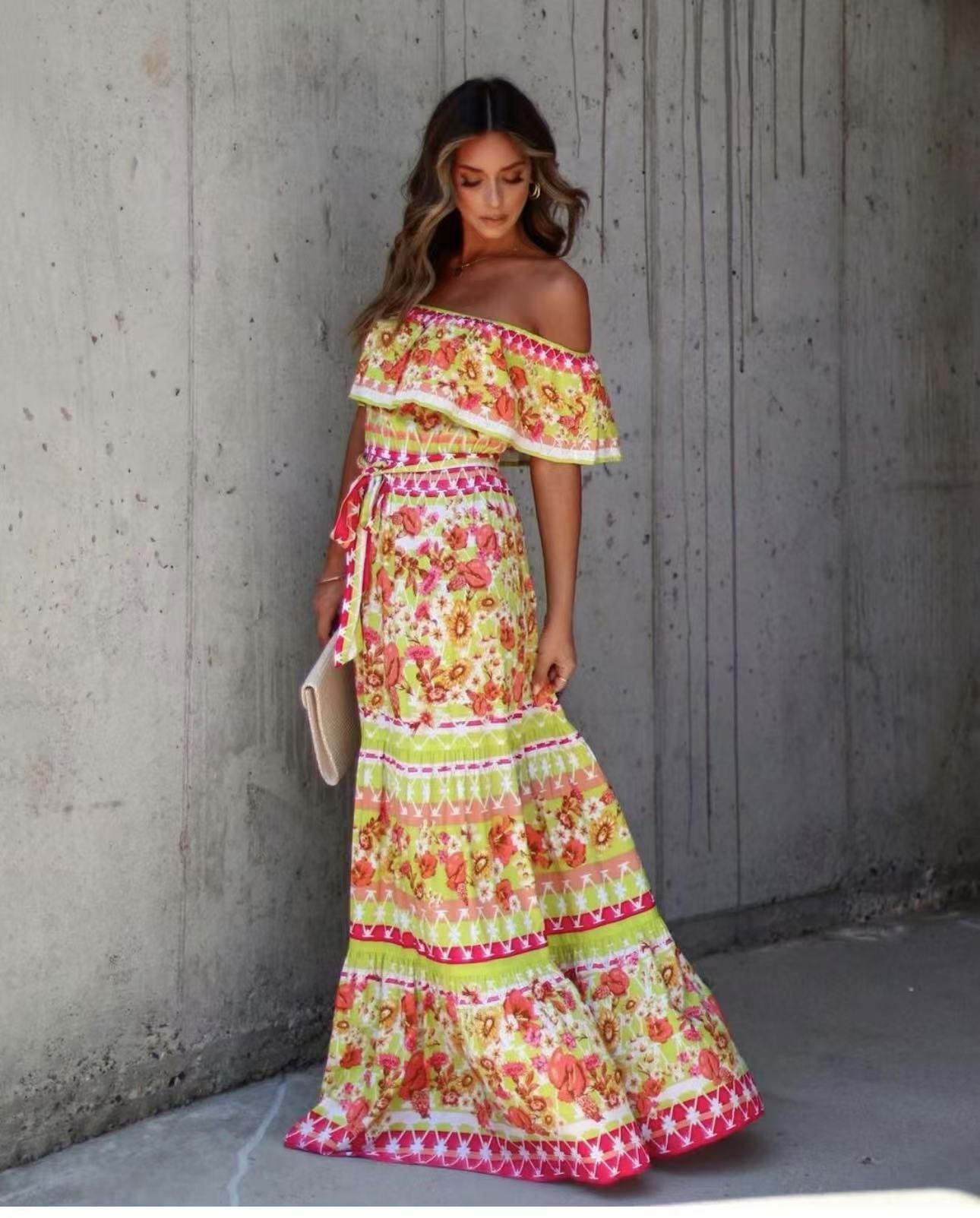 Robe longue à manches découvertes, imprimée, avec ceinture et ourlet large, d'été, européenne et américaine